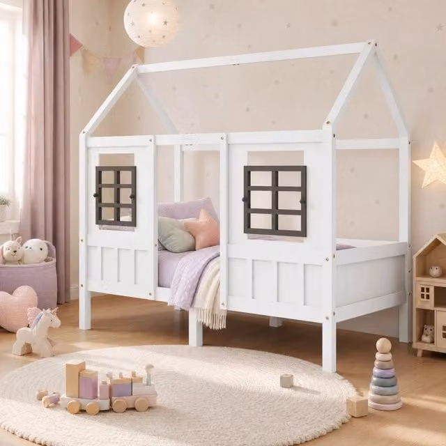 Letto singolo a casetta con 2 cassetti e finestre; 207x97x174 cm; pino e MDF; bianco