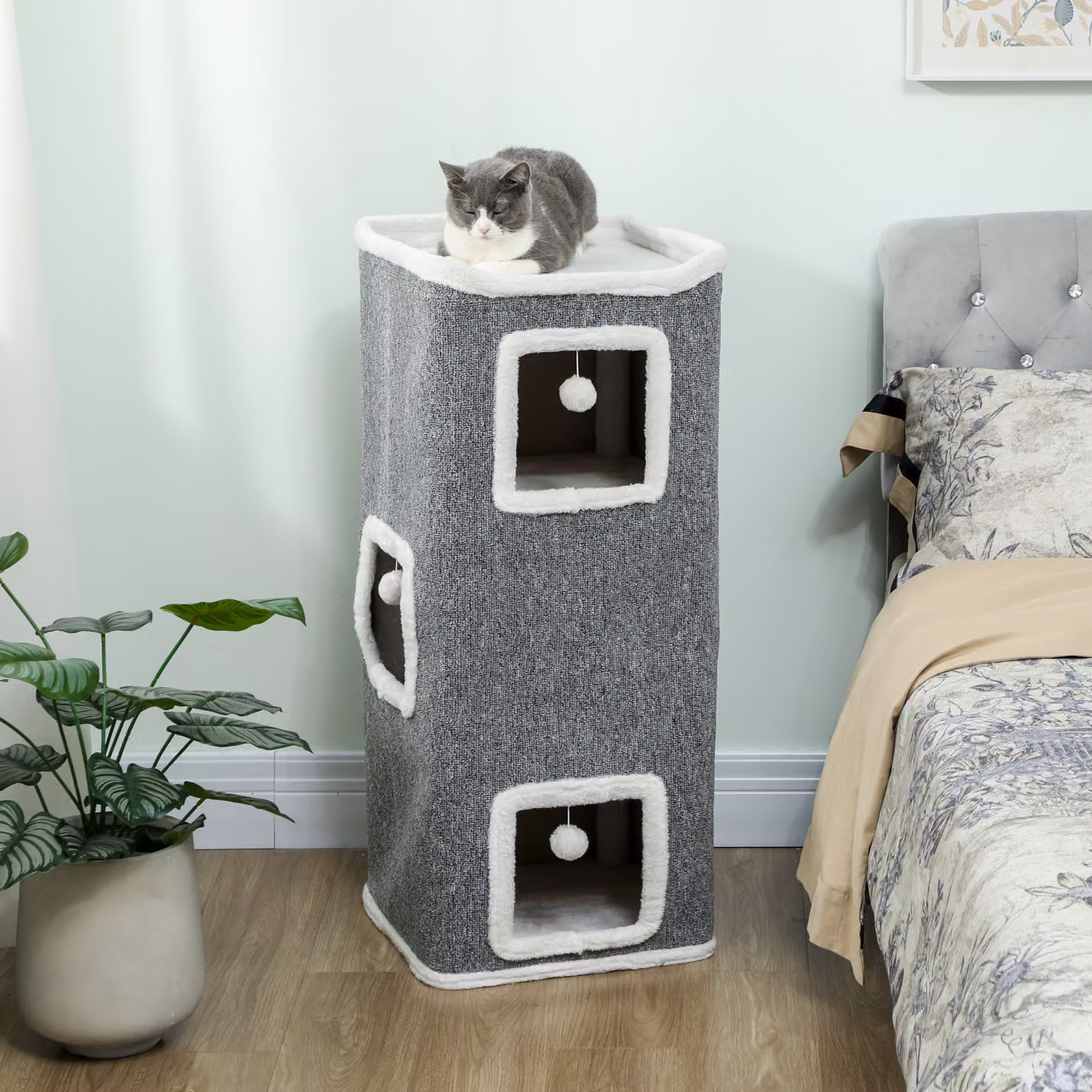 Torre per gatti PawHut con 3 casette, 3 palline e posatoio in legno, tessuto e peluche, L/P/H: 41 x 41 x 100 cm, Grigio e Bianco – 2