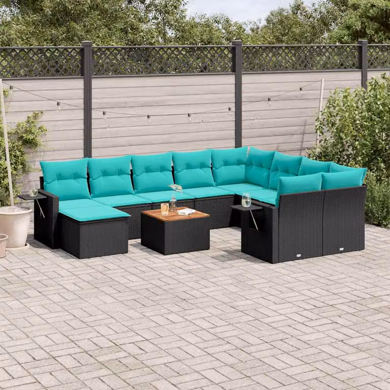 Set di divani da giardino vidaXL 11 pezzi in polyrattan nero con cuscini e tavolino da esterno a forma di U