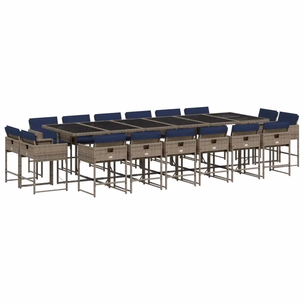 Set da pranzo da giardino vidaXL in polyrattan grigio con cuscini blu e tavolo rettangolare in vetro 17 pz – 2