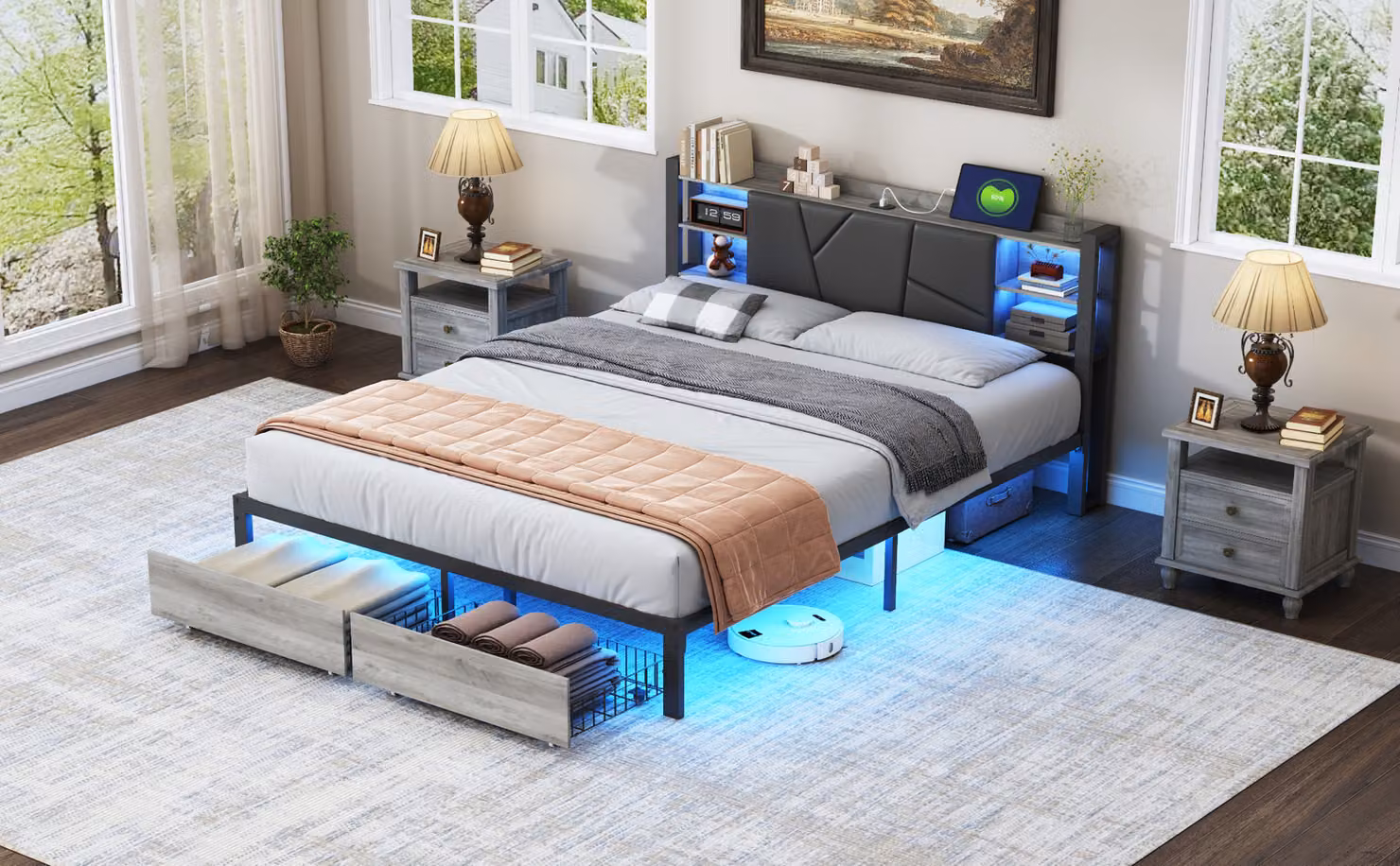Letto imbottito UnboxG 160x200cm matrimoniale con USB e Led, 2 cassetti, letto in legno massiccio con rete a doghe e testata, letto contenitore funzionale
