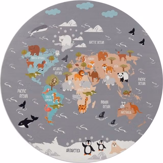 Tappeto rotondo per bambini Bini con motivo animale, grigio e multicolore, Diametro: 160 cm