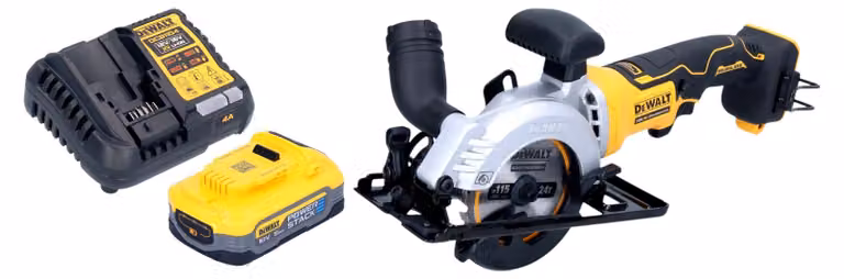 Sega circolare a batteria DeWalt DCS 571 H1 18 V 115 mm senza spazzole + 1x batteria Powerstack 5,0 Ah + caricabatteria