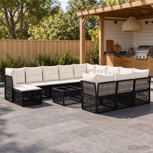 Set Divano da Giardino a L vidaXL in Polyrattan Nero con Cuscini e Tavolino da Esterno