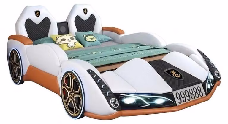 Letto per bambini bianco e nero, design automobilistico, altoparlante Bluetooth, luci LED