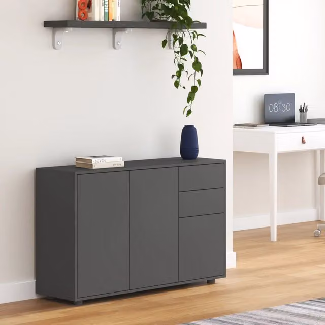 Credenza Paarl en.casa con 3 ante e 2 cassetti, Grigio Scuro Opaco, L: 117 cm, H: 74 cm, P: 36 cm
