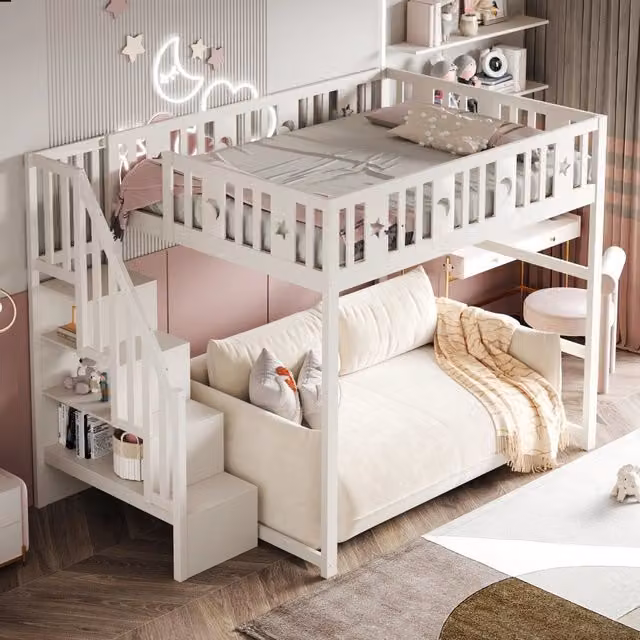 Letto a Castello per Bambini in Legno Massello con Scala ¨C MINIMAL ¨C Bianco 140x200