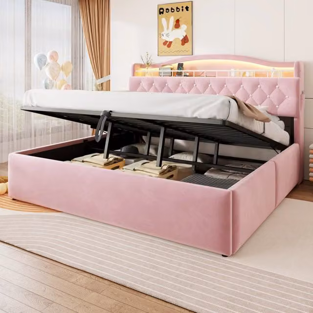 Letto contenitore 180 × 200 cm con sollevamento idraulico, USB, USB-C, led e cassetti testiera, sans materasso