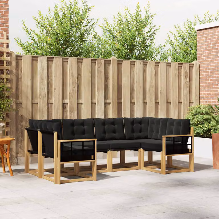 Set di divani da esterno vidaXL a forma di L composto da 6 pezzi in legno di acacia con rivestimento in textilene bianco, nero e marrone e cuscini inclusi