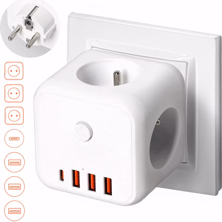 Estensione della ciabatta KOBI LINEA PRO CUBE C Bianco Ciabatta a 3 prese Presa multipla con 3xUSB e 1 USB-C, max 3600W Spina multipla max 16A