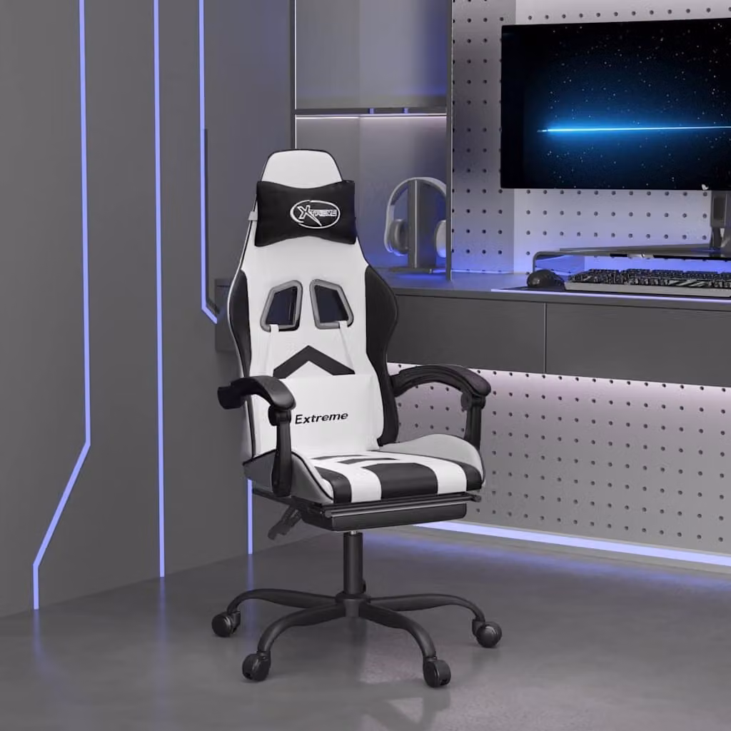 Sedia da Gaming vidaXL in Similpelle Bianco e Nero con Poggiapiedi e Braccioli, Ruote e Seduta Reclinabile 360°