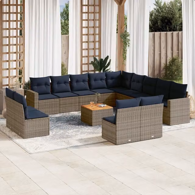 Set di divani da giardino a forma di U vidaXL in polyrattan grigio con cuscini e tavolino da esterno