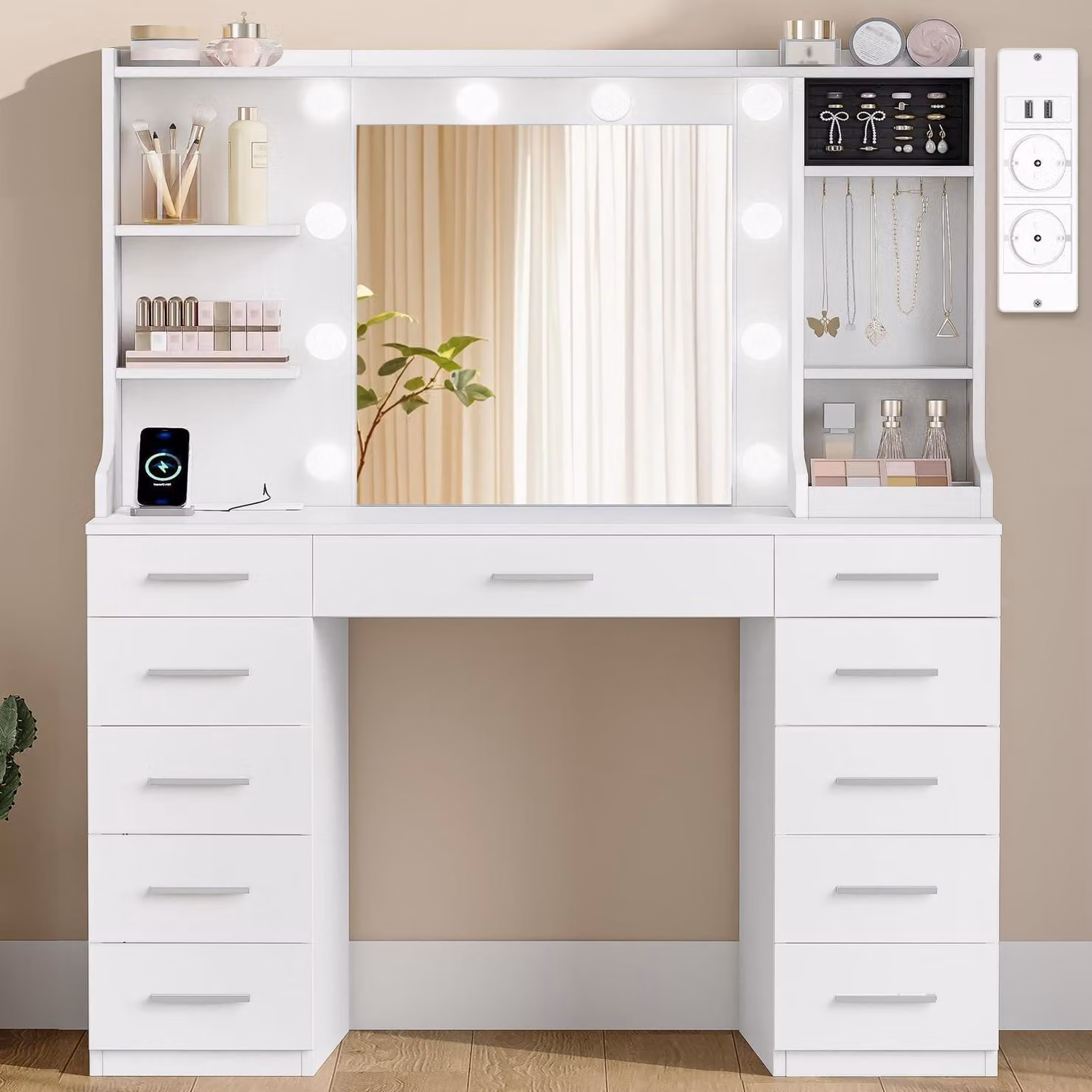 Comò da trucco con illuminazione a LED, specchio, prese di corrente, 11 cassetti, colore bianco
