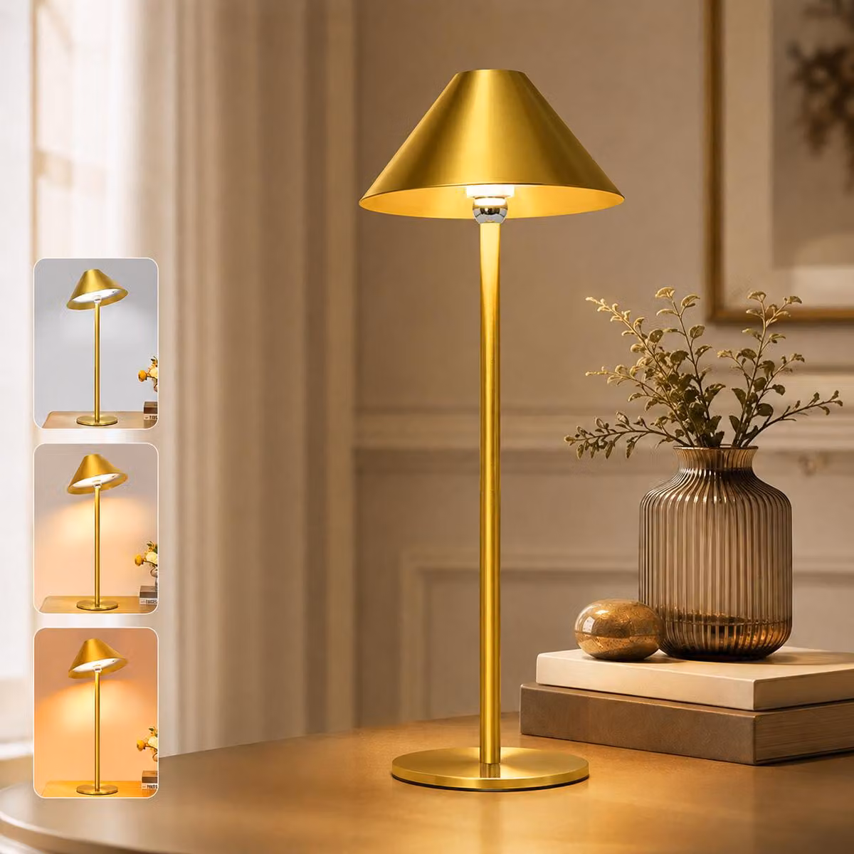 Lampada da tavolo LED con batteria da 4000mAh, lampada da tavolo senza fili, girevole magneticamente a 360°, 3 colori di luce, dimmeraggio continuo, lampada da comodino, color oro