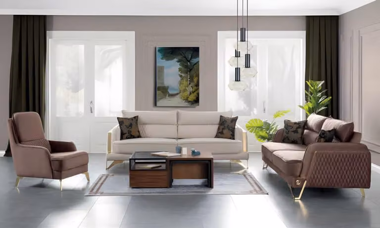 Sofagarnitur 3+3+1 Sitzer Creme Braun Goldfüße Luxus Stoff Wohnzimmer Design