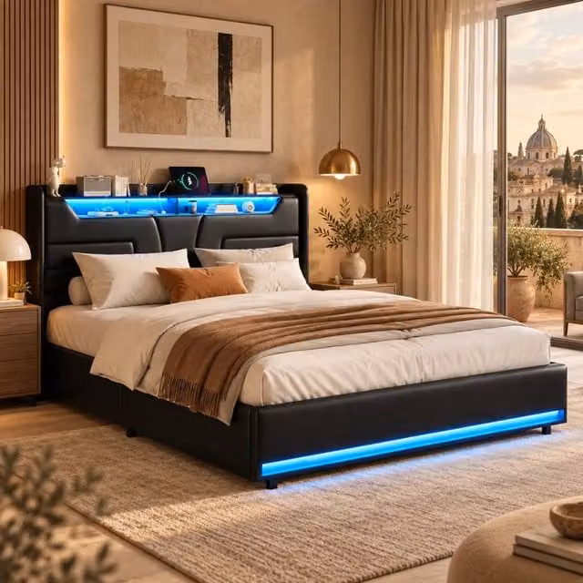 Letto imbottito 160x200 con Contenitore idraulico; Letto matrimoniale a LED con USB; Struttura letto baule con rete a doghe; PU Nero;Senza Materasso