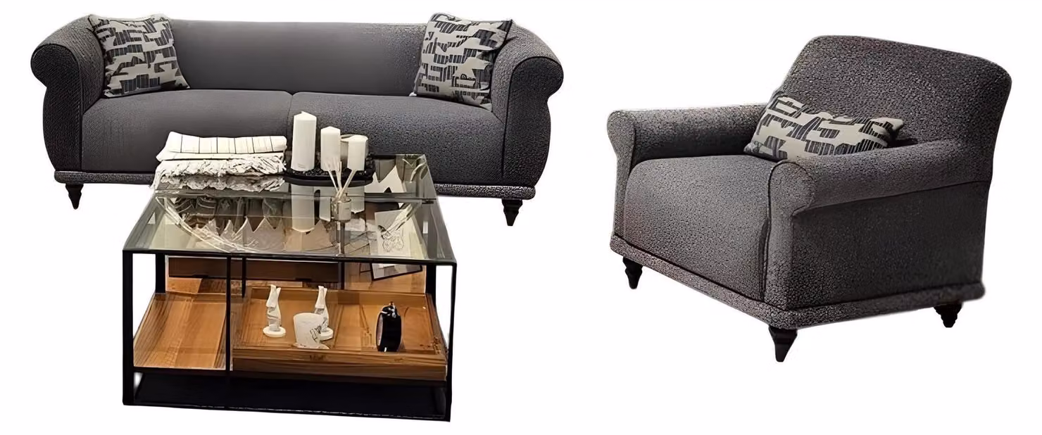 Wohnzimmer-Set 2-teilig (3-Sitzer + Sessel) in Grau.