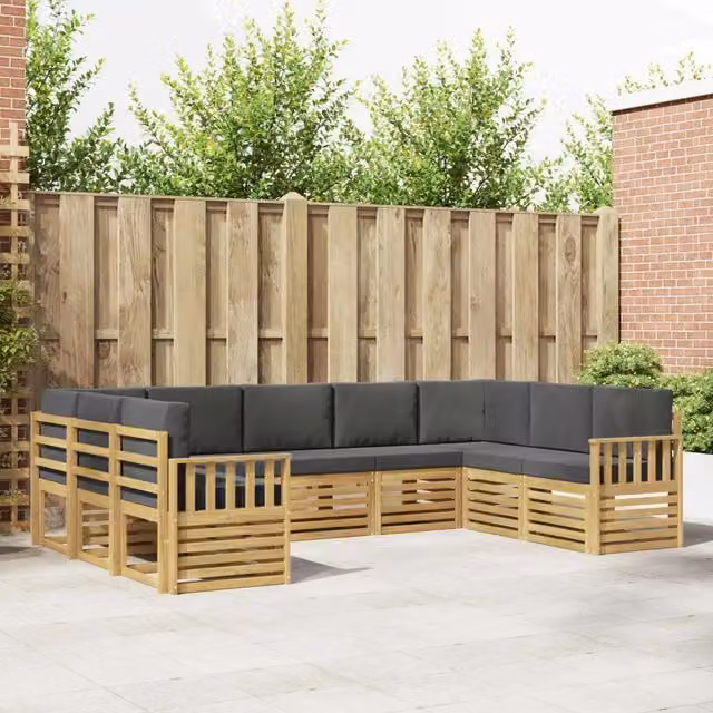 Set di divani da esterno vidaXL a forma di L composto da 7 pezzi in legno di acacia con cuscini bianchi e antracite