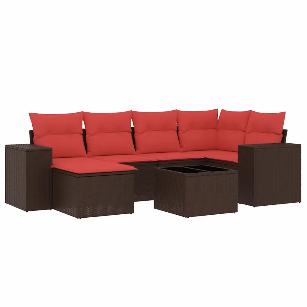 Set da giardino moderno vidaXL composto da 7 pezzi in polyrattan marrone con cuscini e tavolino da esterno – 2