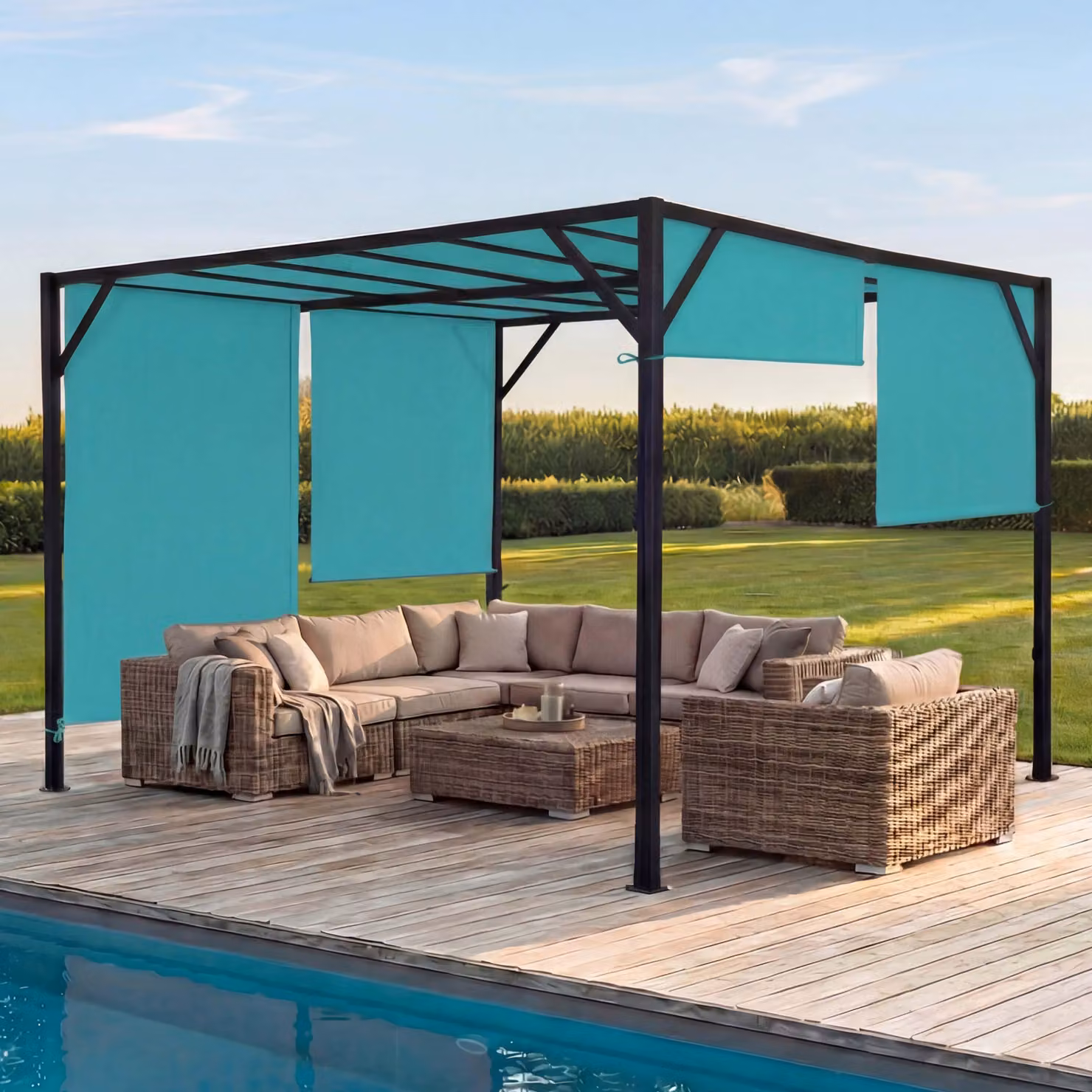 Pergola Beja, gazebo da giardino con copertura per terrazza, robusto telaio in acciaio da 6 cm + tetto scorrevole blu turchese ~ 4x4 m