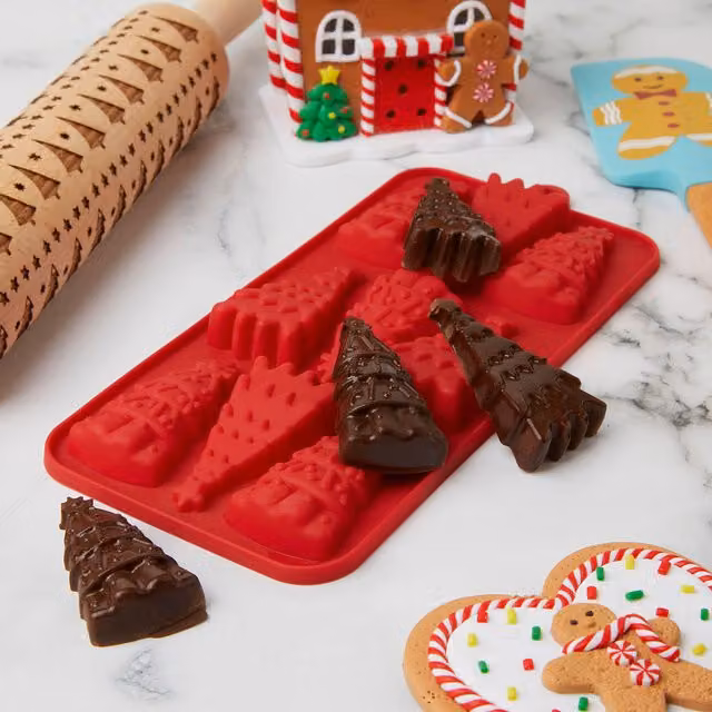Stampo in silicone rosso per 9 cioccolatini a forma di albero di Natale
