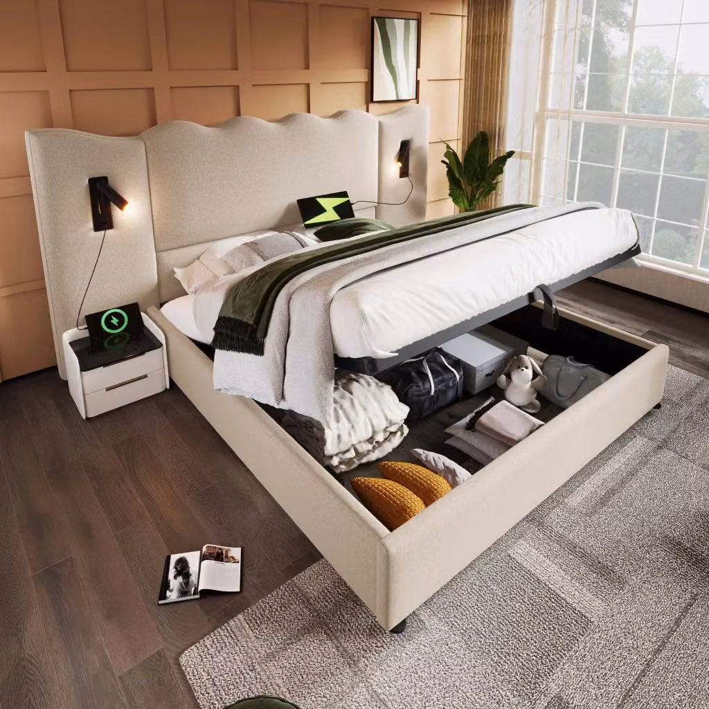 Letto contenitore matrimoniale moderno in lino beige con lampada da lettura integrata, porta USB e mensola laterale, L/P: 180 x 200 cm – 2