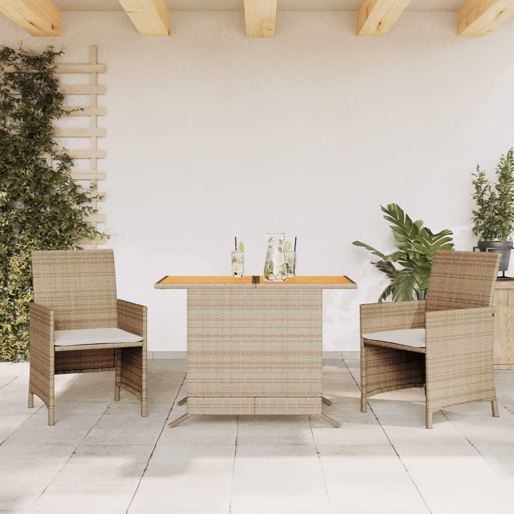 Set da Bistrò vidaXL in Polyrattan e Legno di Acacia con Cuscini Beige e Bianchi per Giardino e Terrazzo, 3 Pezzi