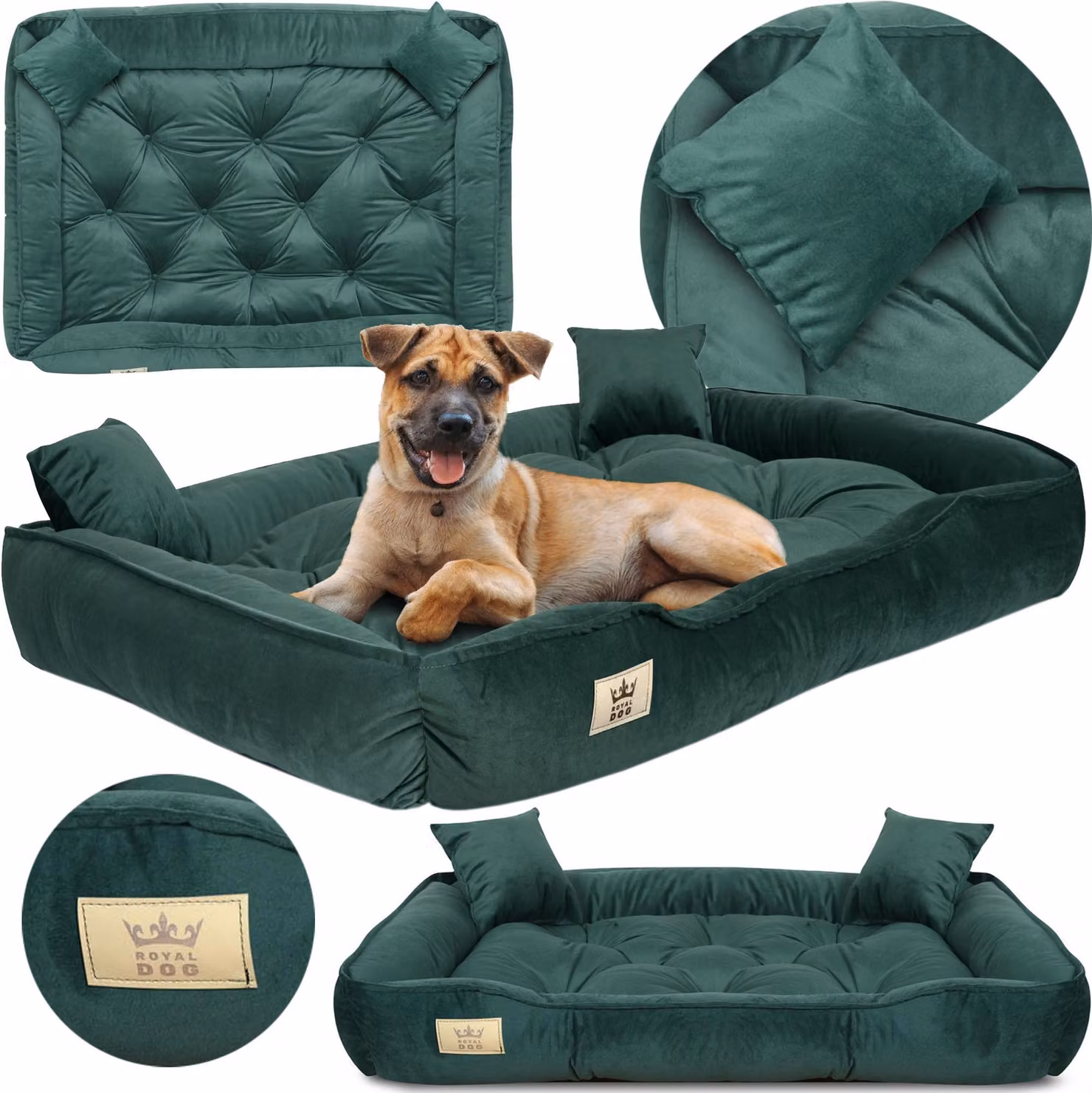 Cuccia per cani, lettiera, 130x105 cm, cuscini, divano, divanetto, recinto, velluto, verde scuro