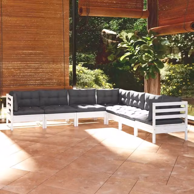 Set Divani da Giardino 7 pz con Cuscini Bianchi Legno di Pino 3096792