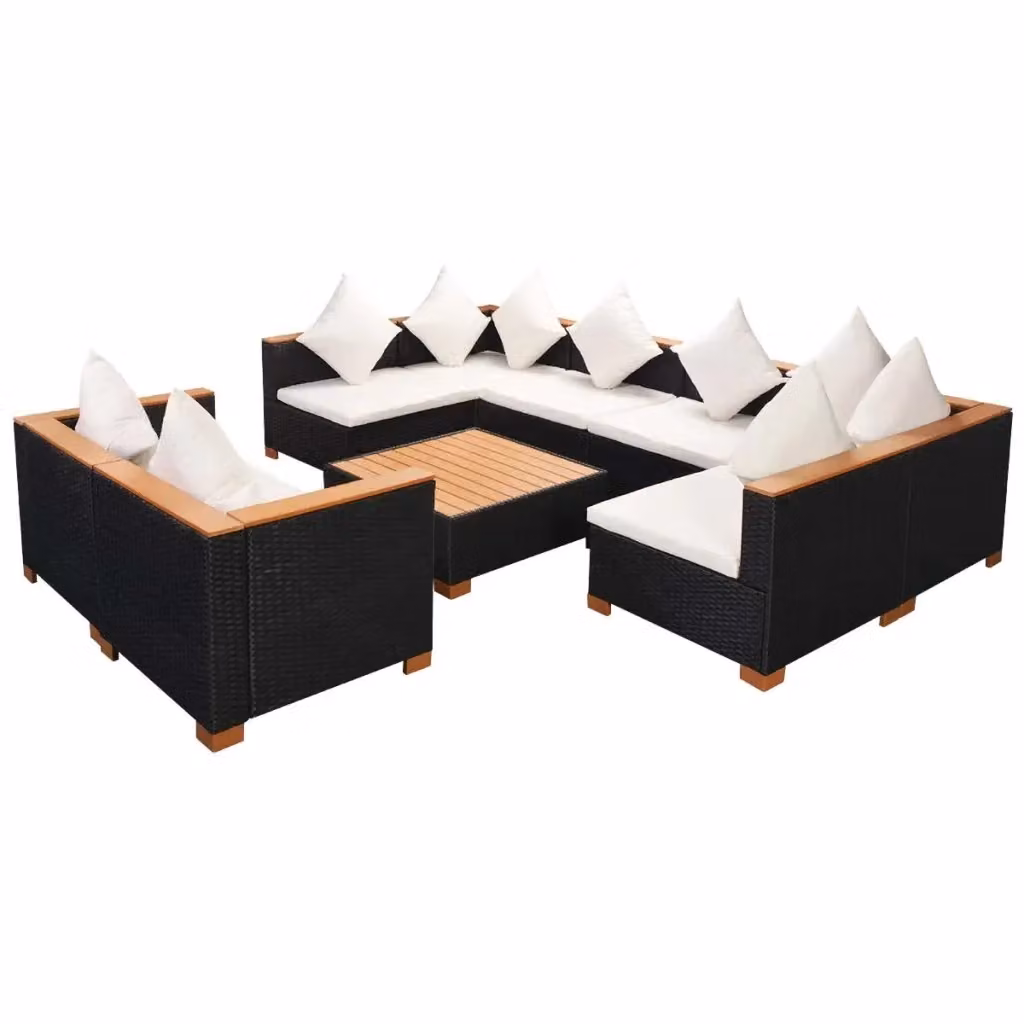 Set da giardino moderno vidaXL composto da 9 pezzi con divani a L, elementi angolari, tavolino da caffè e cuscini con rivestimenti rimovibili in polyrattan e metallo nero – 2