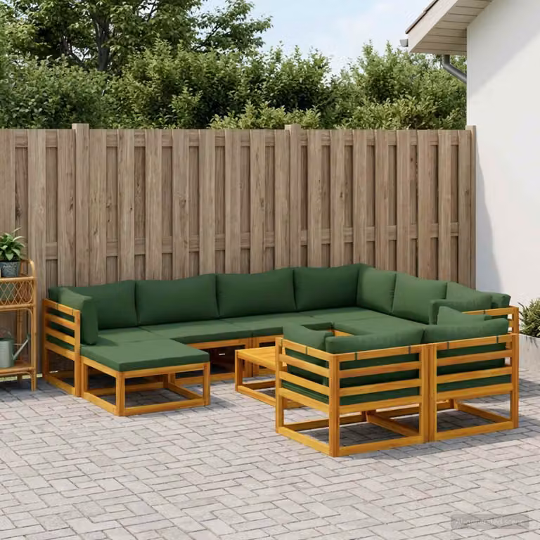 vidaXL Set di divani da giardino a forma di U in legno di acacia massello con cuscini, colore marrone e verde