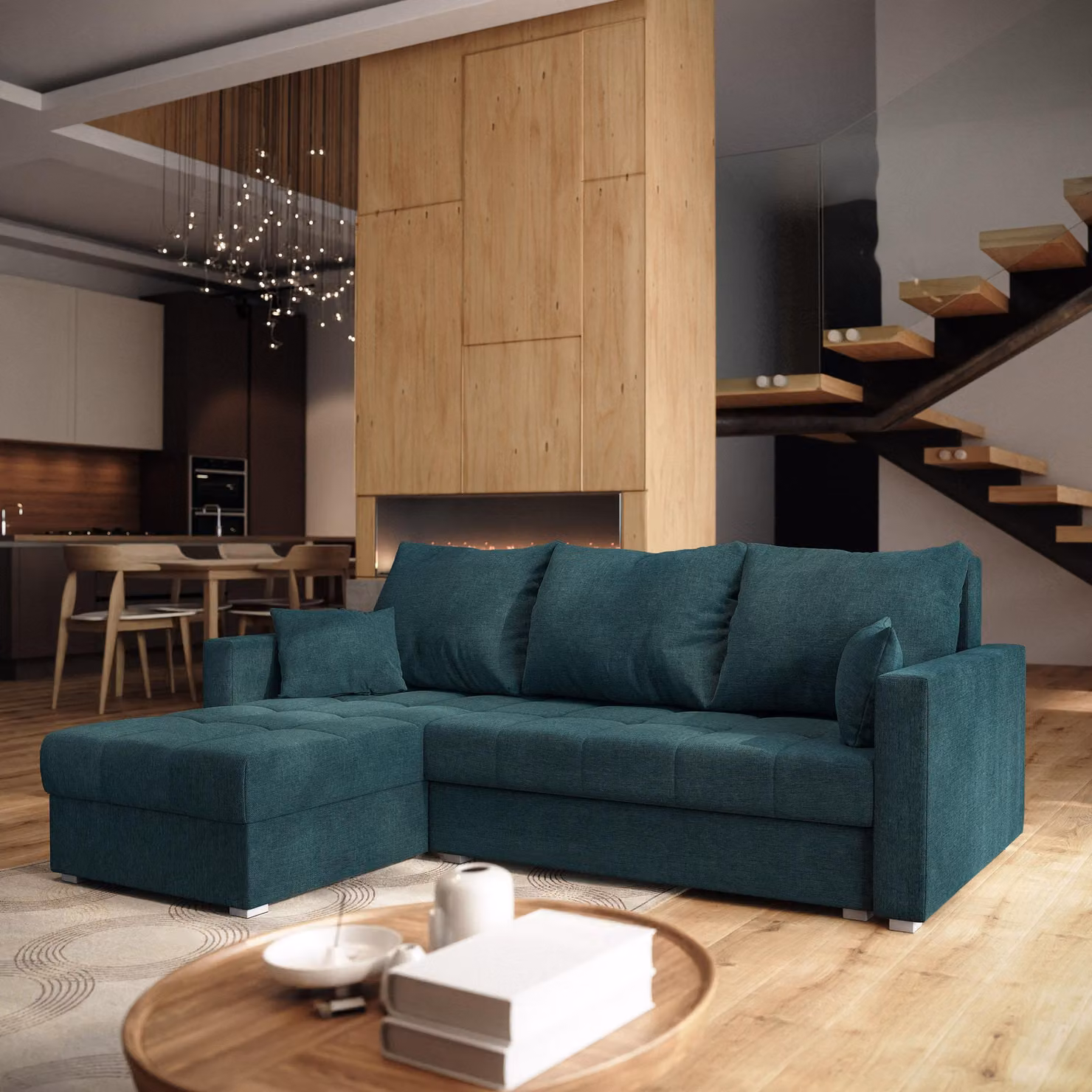 Divano angolare Masseno NIDA con funzione letto a L, divano con contenitore, divano da soggiorno, divano, divano, divano letto, set di divani - blu, INARI 87