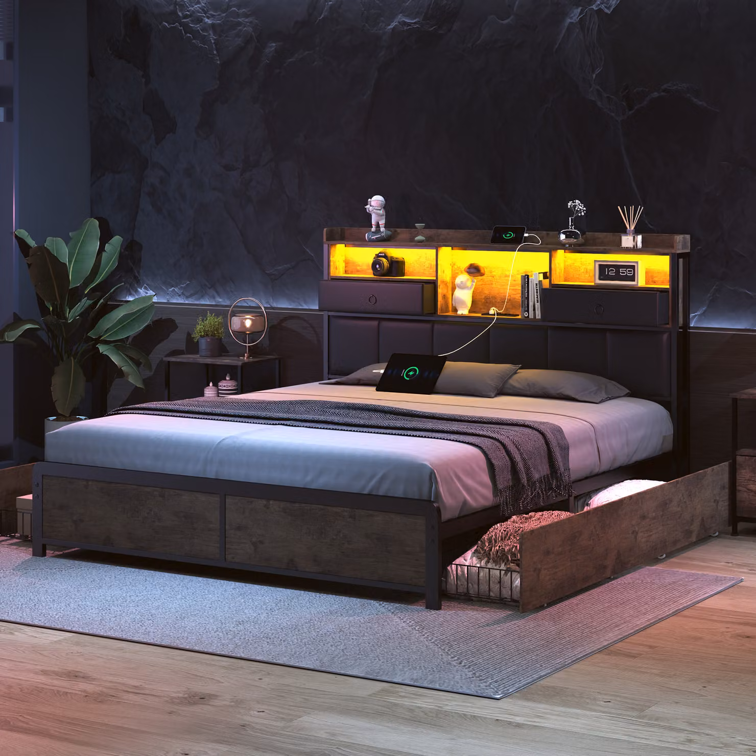 Letto imbottito 140x200cm con USB di ricarica e prese di corrente, letto per ragazzi letto matrimoniale con 4 cassetti, letto contenitore letto in legno massiccio con LED e rete a doghe PU