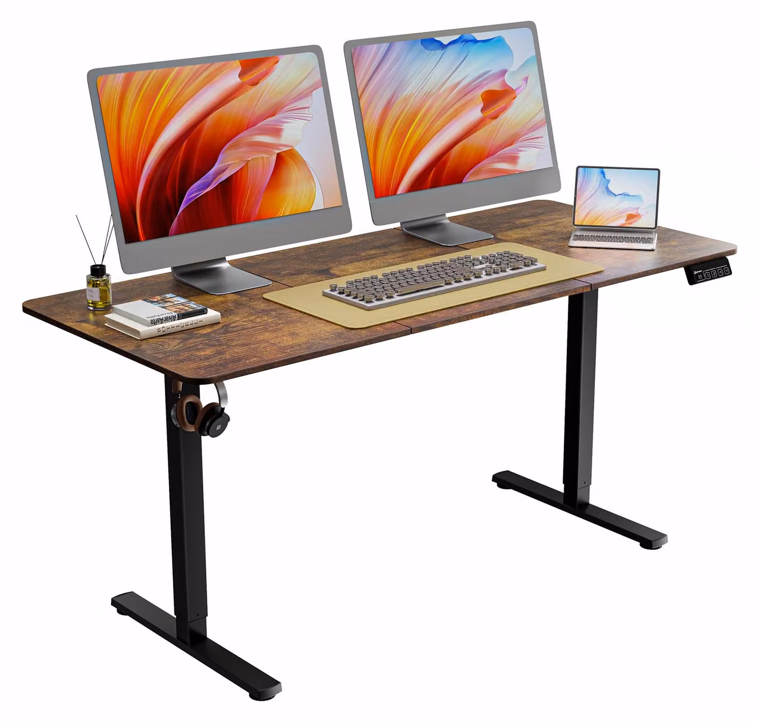 Scrivania regolabile in altezza, elettrica, con piano in legno color marrone ruggine, 160 cm
