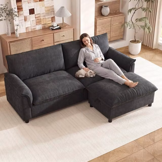 Divano angolare con poggiapiedi ¨C Minimal ¨C nero tessuto 216x77x82 cm