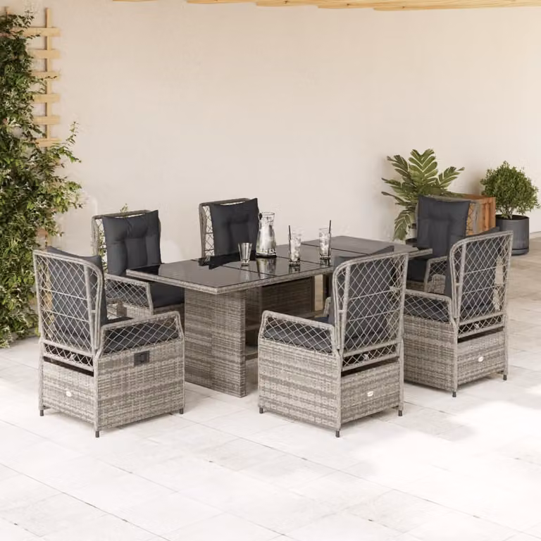 Set da Pranzo da Giardino vidaXL 7 pz in Polyrattan Grigio con Piano in Vetro