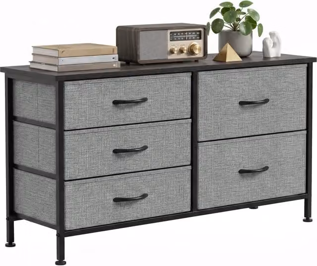 Cassettiera XYLO con 5 cassetti in tessuto e struttura in metallo, Grigio scuro e Nero