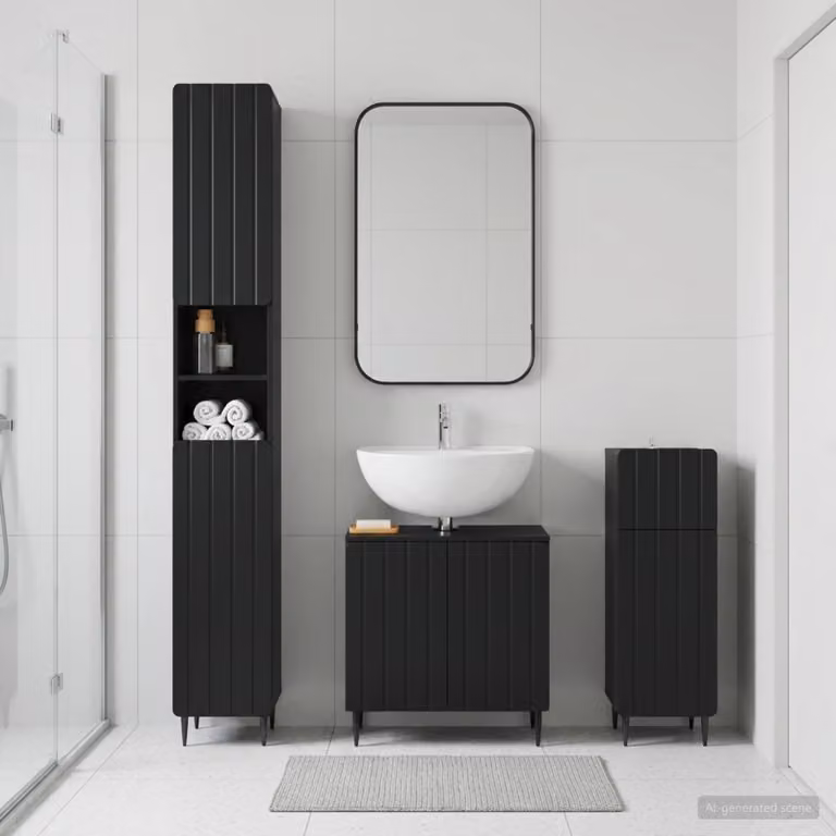 Set di armadietti da bagno moderni vidaXL ZWOLLE in 3 pezzi, colore nero opaco, L/P/H: 120 x 48,55 x 190 cm