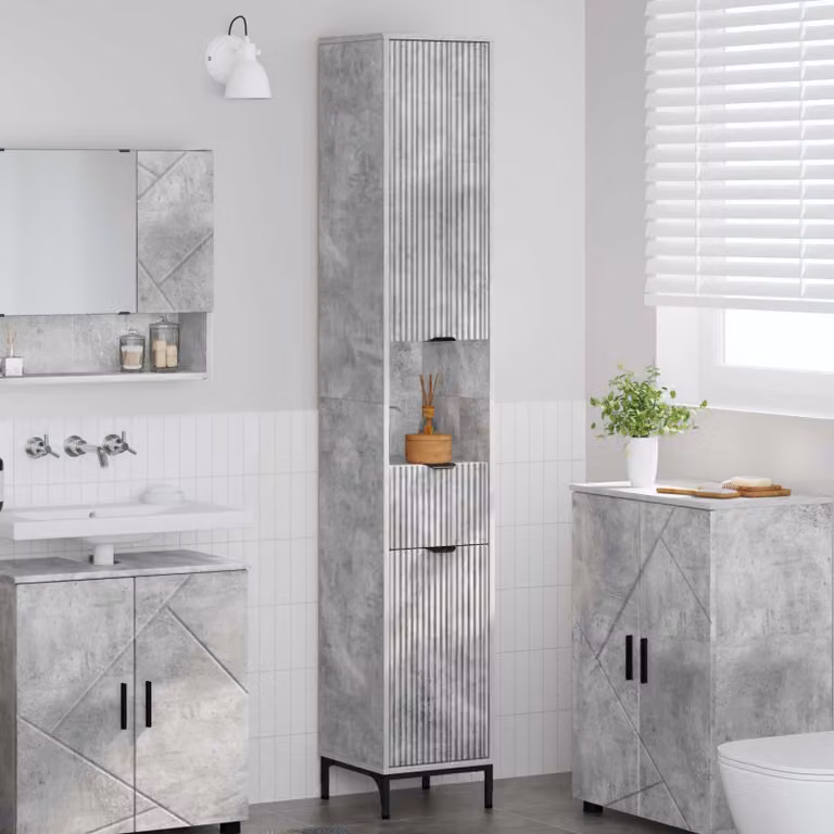 Mobile da bagno vidaXL in stile minimalista, colore grigio cemento e nero, con ante e cassetti, L: 80,17 cm, P: 33 cm, H: 190 cm