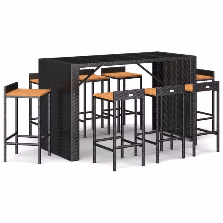 Set Bar Giardino 9 pz Nero Polyrattan e Legno Massello Acacia