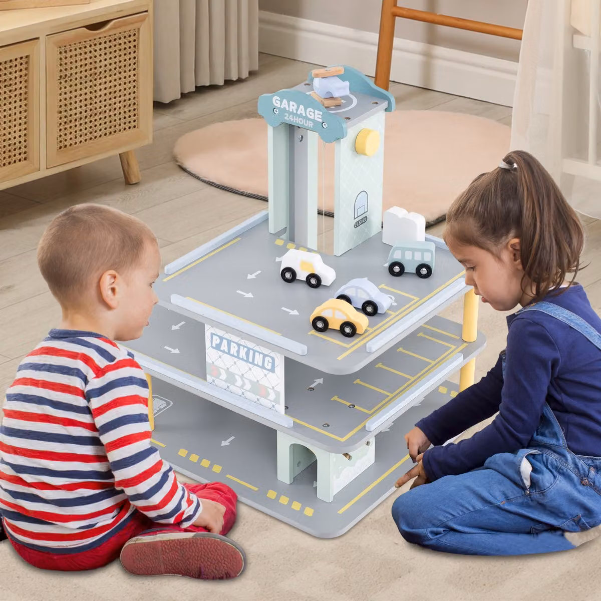 Costway Set di gioco garage per parcheggio in legno con 4 veicoli, Grigio