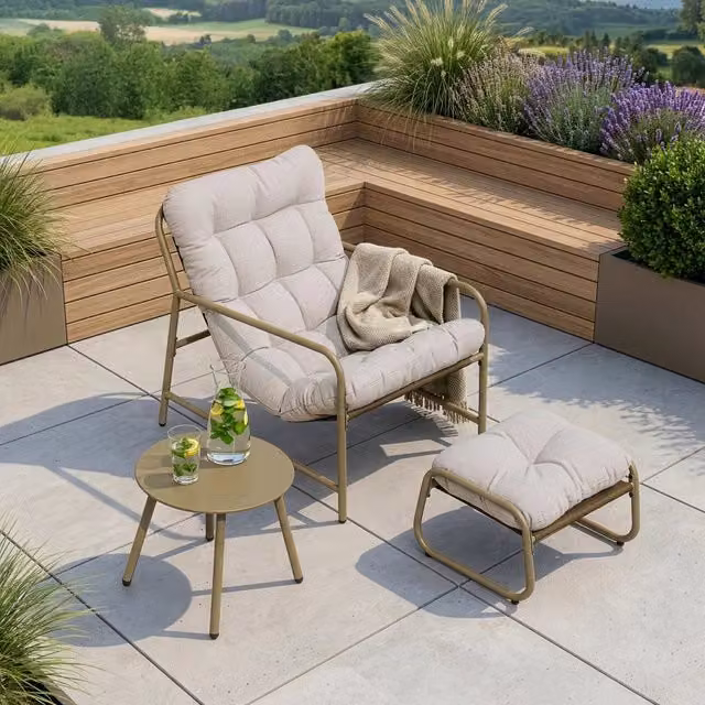 Set di 3 Mobili da Giardino en.casa Trerdfjoa con Tavolino Rotondo, Poltrona e Poggiapiedi - Beige / Grigio