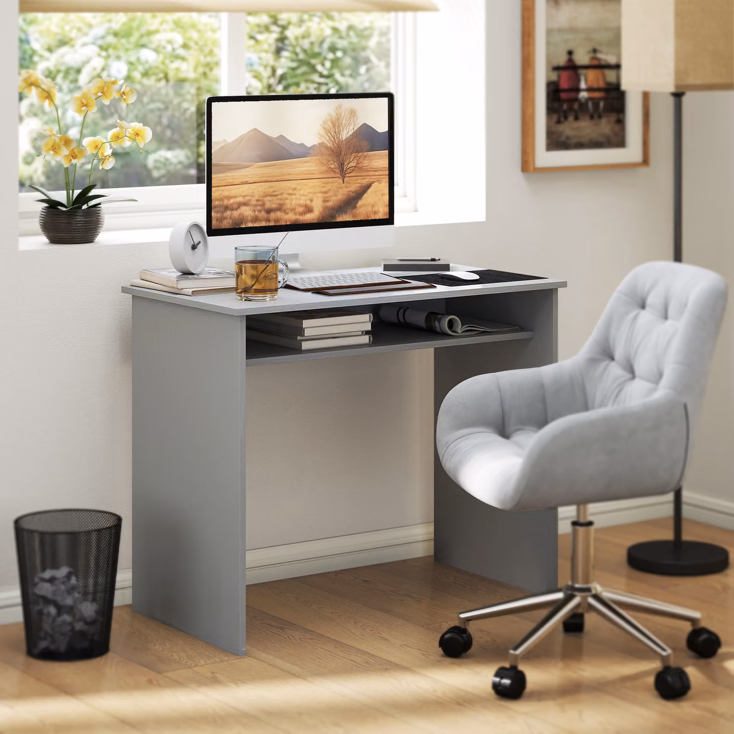Scrivania per computer HOMCOM minimalista con 1 ripiano, grigia, L 90 cm x P 50 cm x H 74 cm – 2