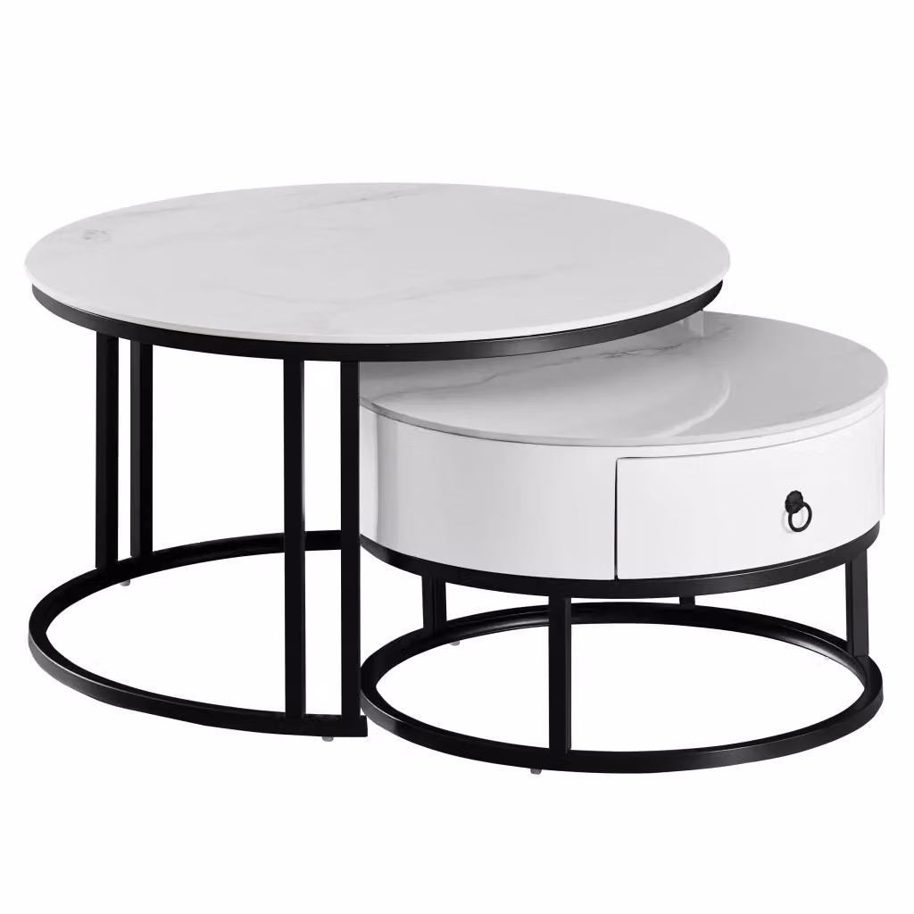 Tavolino da caffè rotondo CASA VITAL con piano in ceramica astratta bianco e nero e struttura in metallo – 2