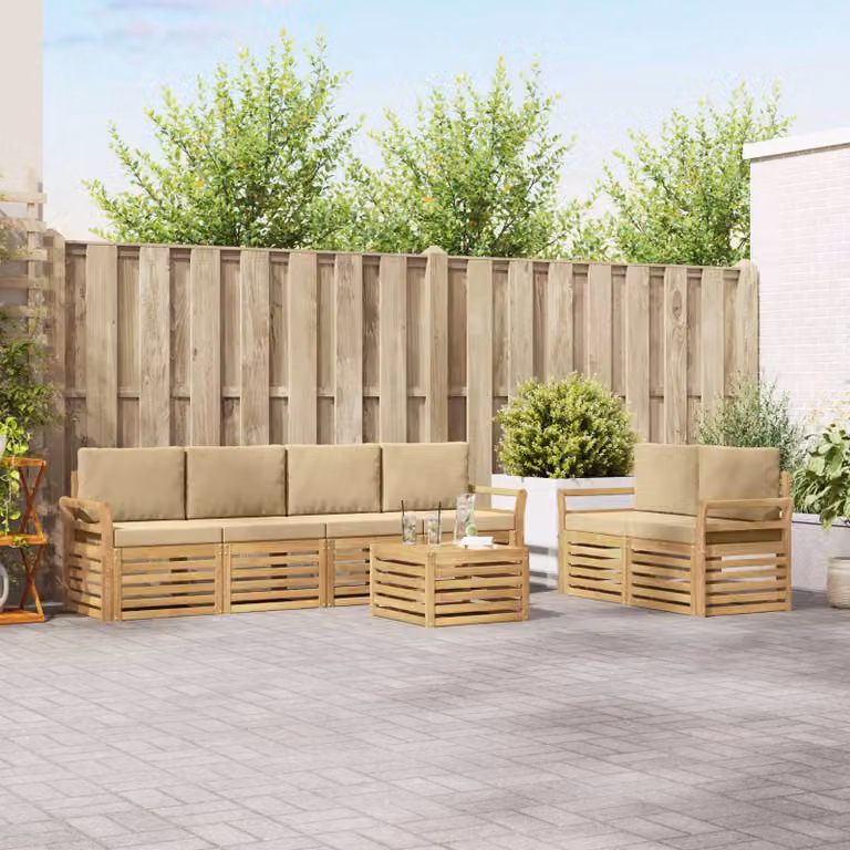 Set di divani da esterno a L vidaXL in legno di acacia con tavolo da caffè, 7 pezzi, Bianco e Beige