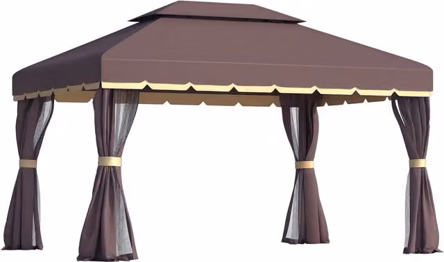 Gazebo da giardino Outsunny impermeabile con doppio tetto, zanzariera e teli laterali in alluminio e poliestere, colore marrone, L: 3.9 m, P: 2.9 m