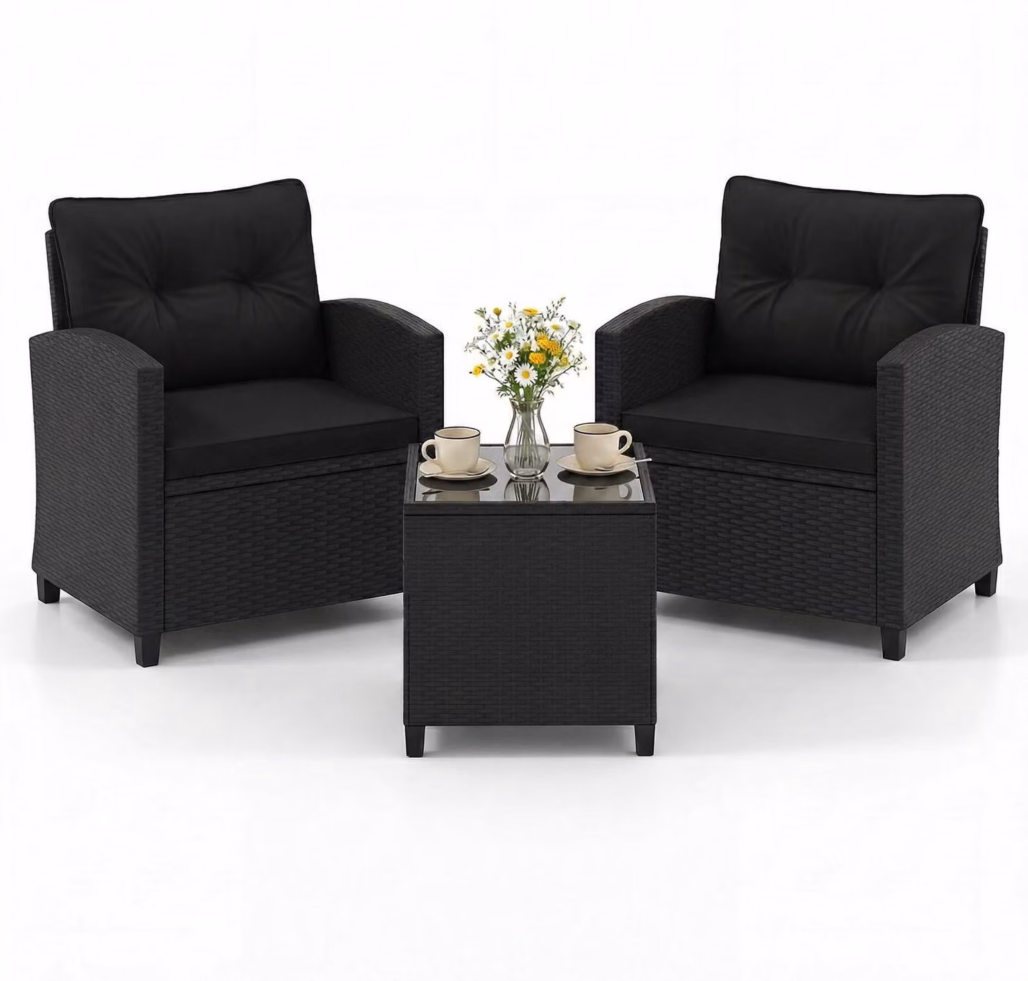 Set da giardino COSTWAY, 3 pezzi, in rattan sintetico, con cuscini, composto da 2 sedie e 1 tavolo. Ideale per balconi, terrazze e giardini. Set da esterno, mobili da giardino, gruppo sedute, colore nero