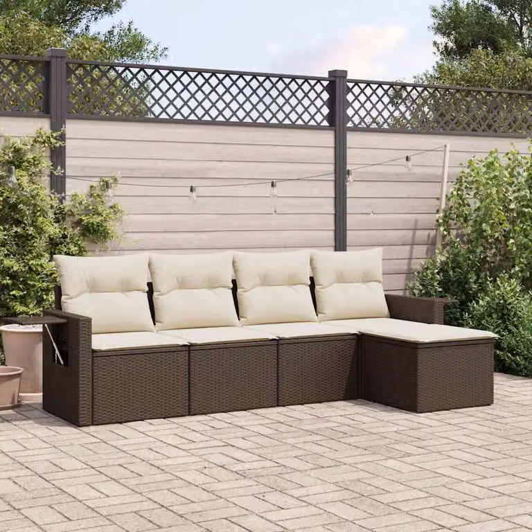 Set Divano da Giardino a L vidaXL 5 pz in Polyrattan Marrone con Cuscini Imbottiti e Coperture Rimosse