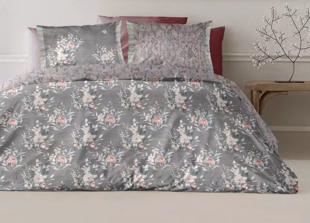 Copripiumino Matrimoniale Double Face in Cotone Percalle con Fantasia Floreale Grigio BIANCHERIAWEB L/P: 200 x 220 cm e 2 federe 40 x 80 cm