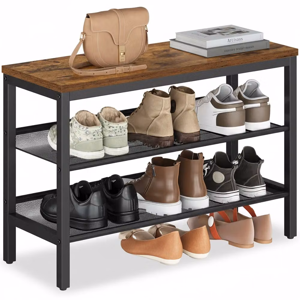 Panca Portascarpe in Stile Industriale, Marrone Vintage + Nero / 75 x 28 x 50 cm